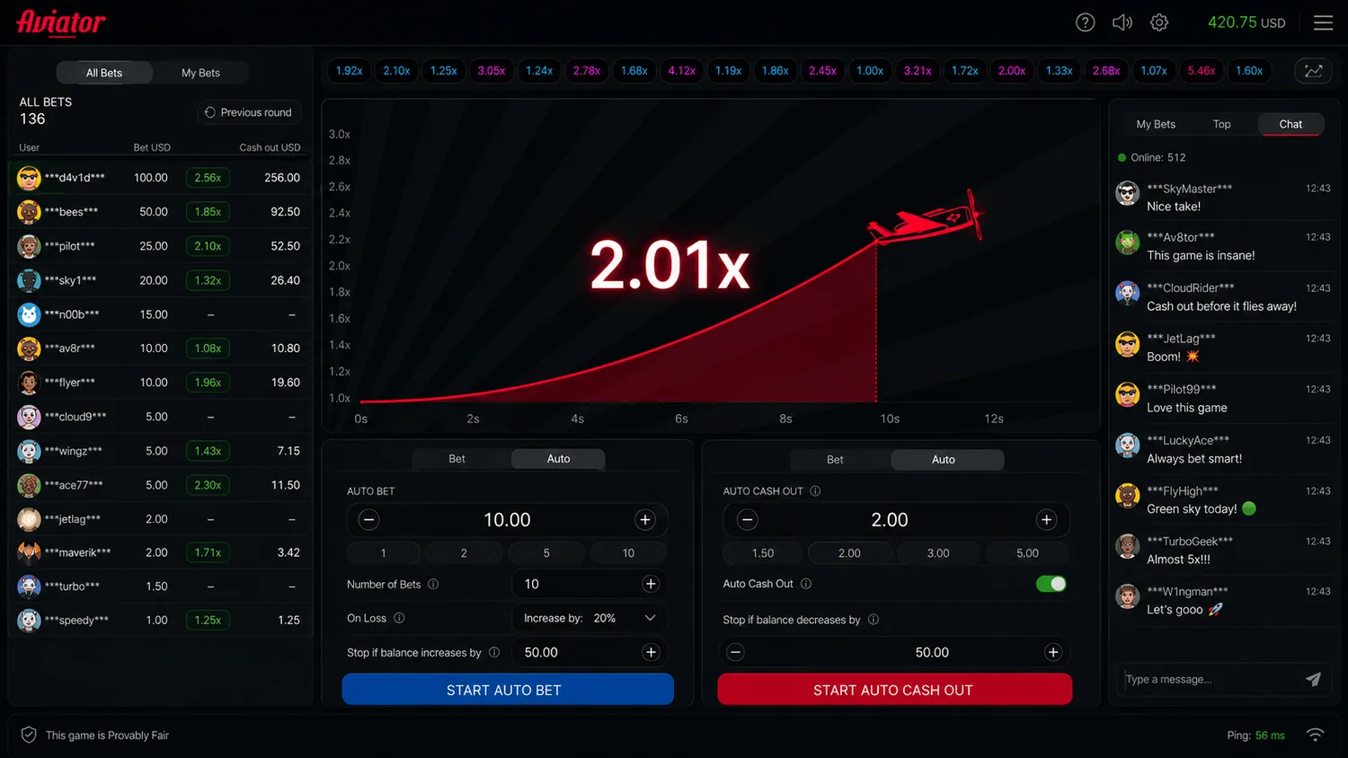 Настройки Auto Bet и Auto Cash Out в Aviator