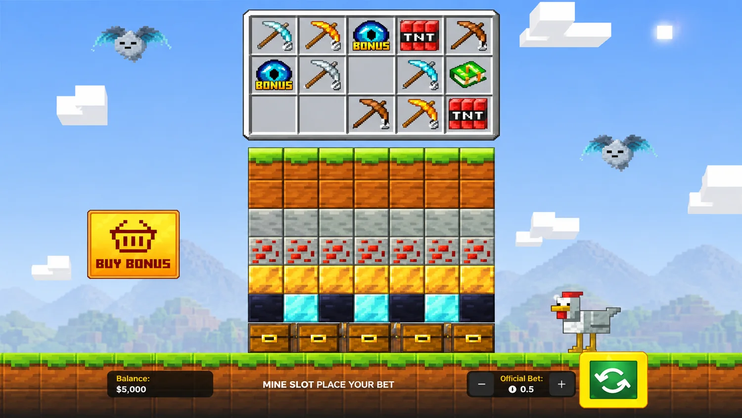 Базовая игра Mine Slot 2: поле 5 на 3 и шахта 5 на 7