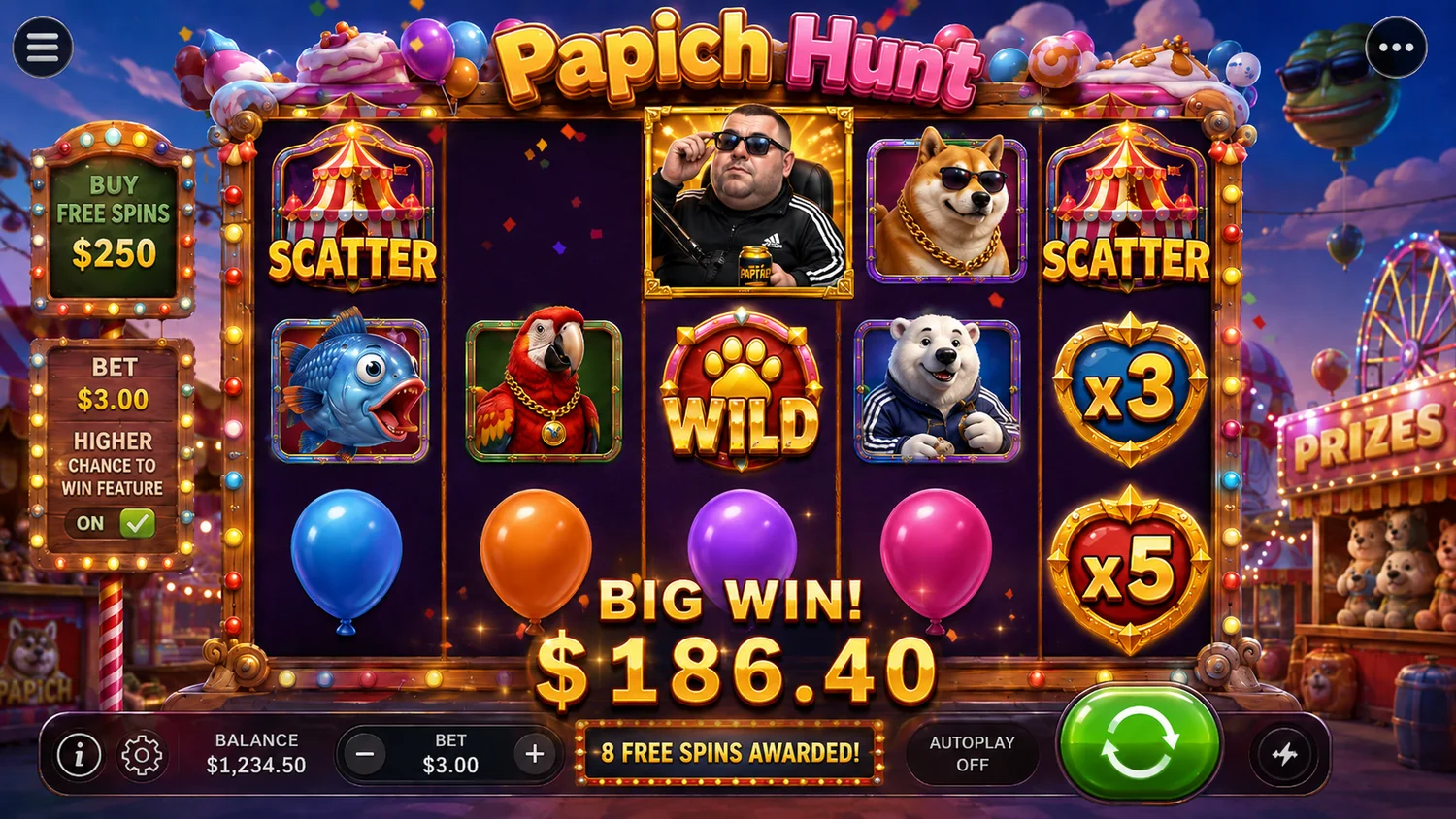 Крупный выигрыш и бонус Papich Spins