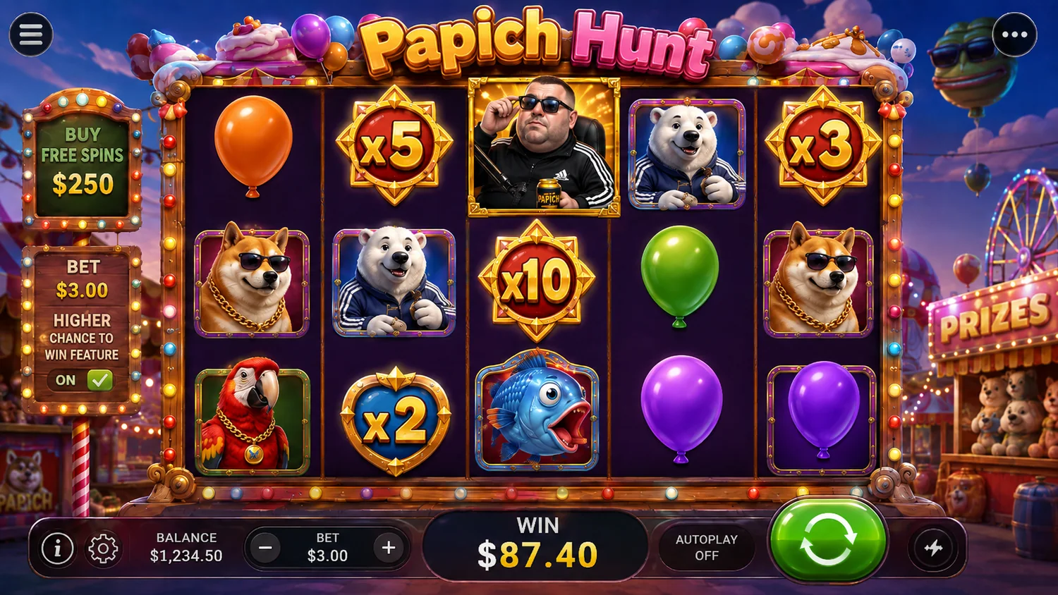 Экран Papich Hunt с множителями x2, x3, x5 и x10