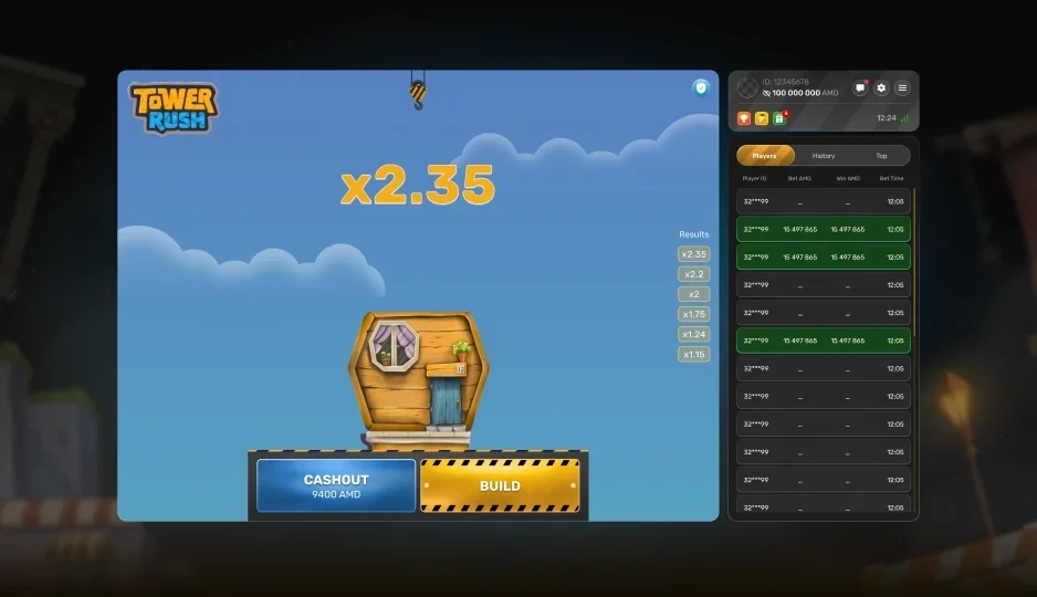 Оригинальный базовый экран Tower Rush с первым этажом и кнопками Cash Out и Build